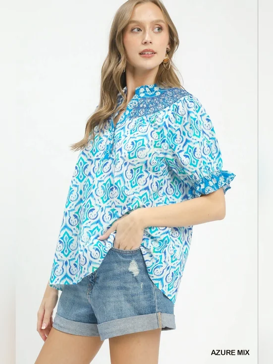 Umgee Mix Boho Puff Sleeve Smocked Top - Picture 2 of 9